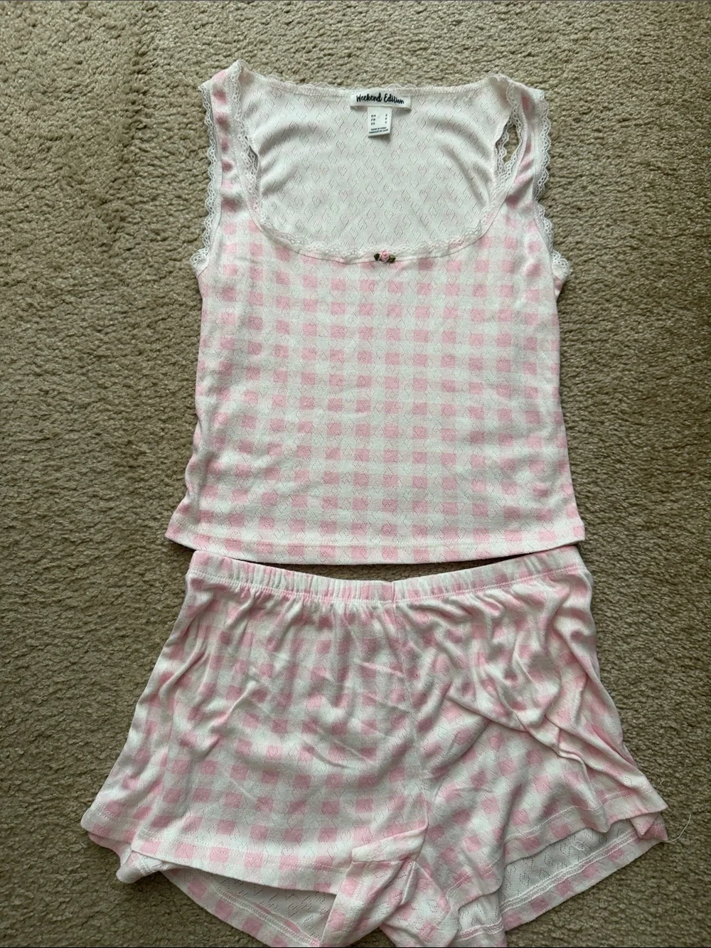 Charlotte Russe Pink Gingham Lace-Trim Sleep Set